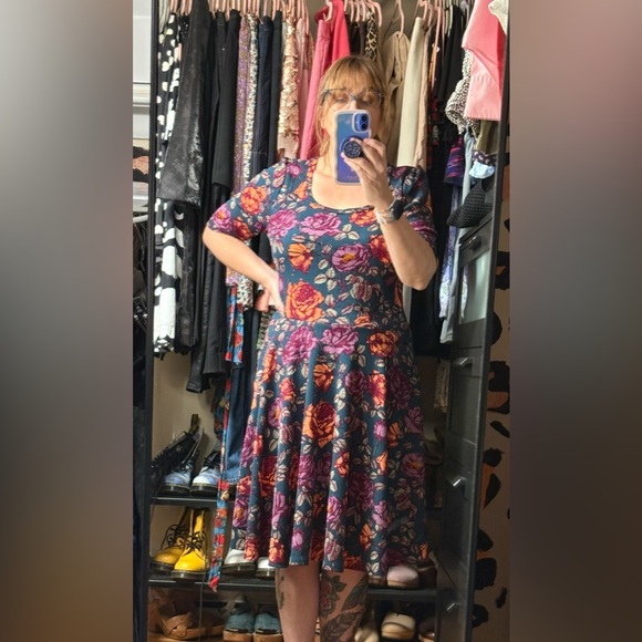 LuLaRoe Floral Midi Dress in Purple and Orange - Picture 1 of 7